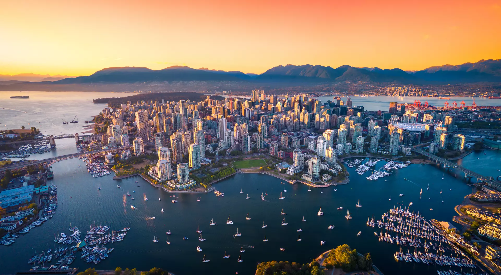 Beautiful aerial view of downtown at sunset