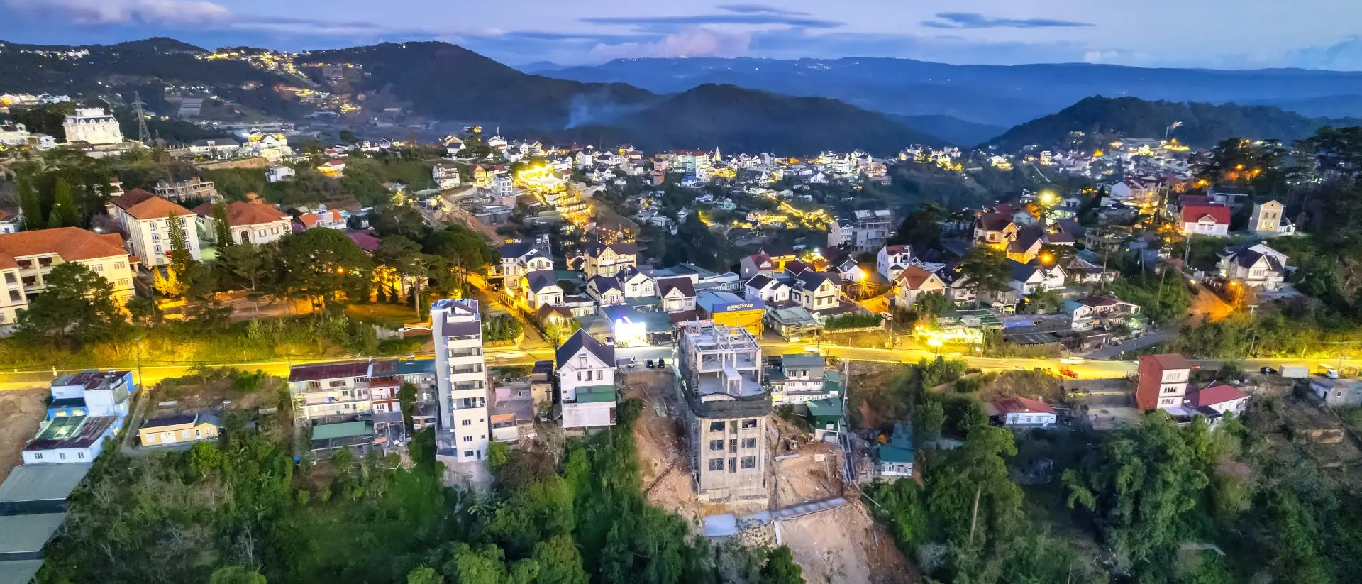 Aerial view of Dalat city night, known as the “City of Eternal Spring”, in central highlands Vietnam