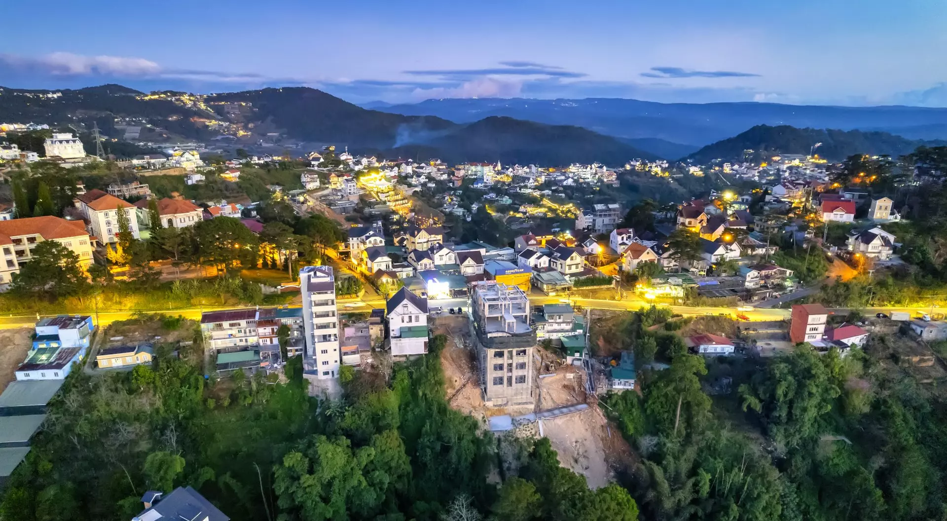 Aerial view of Dalat city night, known as the “City of Eternal Spring”, in central highlands Vietnam