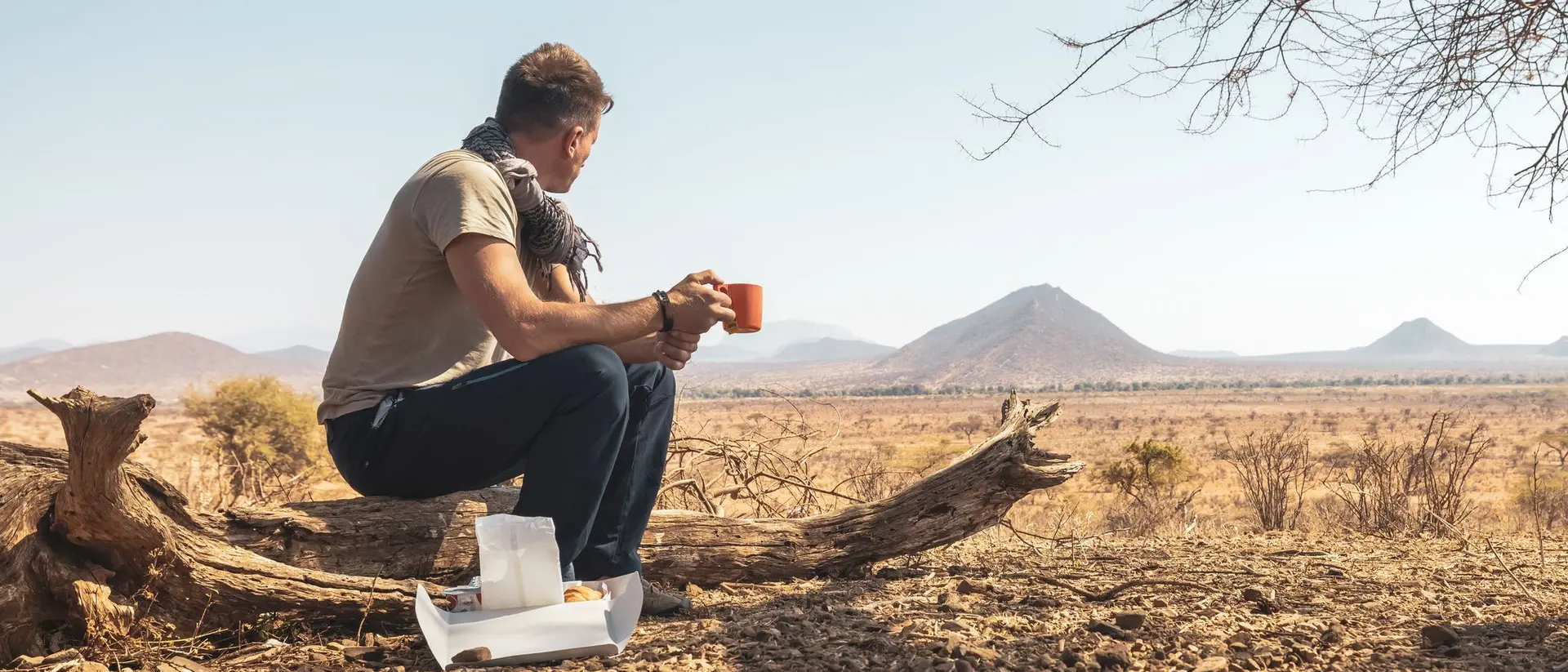 A person sits on a log in a vast, arid landscape, holding a cup and looking out at distant mountains.