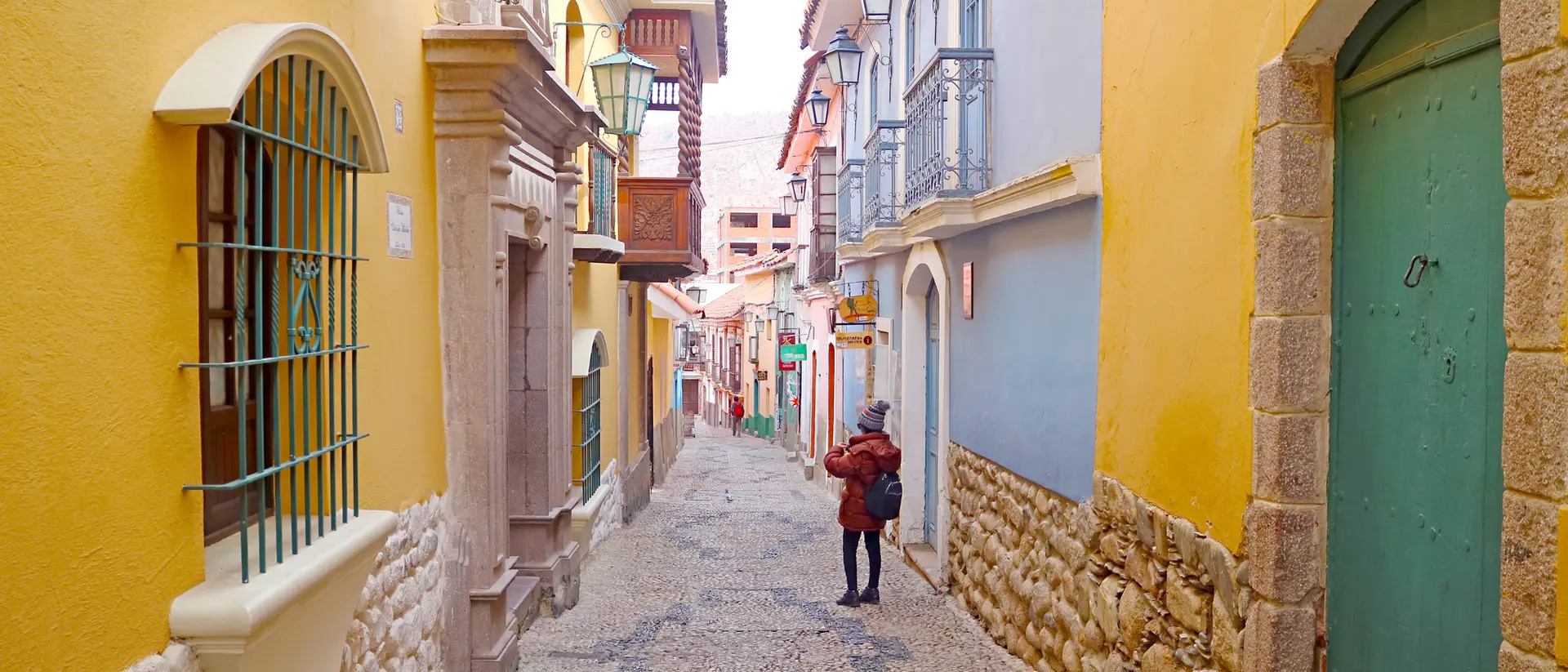 Calle Jaen, an artistic narrow street with rows of Colonial Buildings in La Paz, Bolivia, South America
