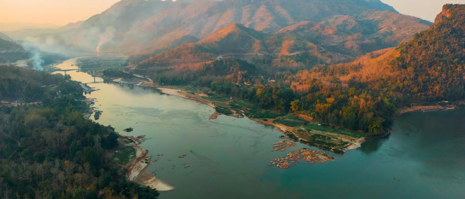 Mekong River Aerial view of tranquil scene of river at sunset
