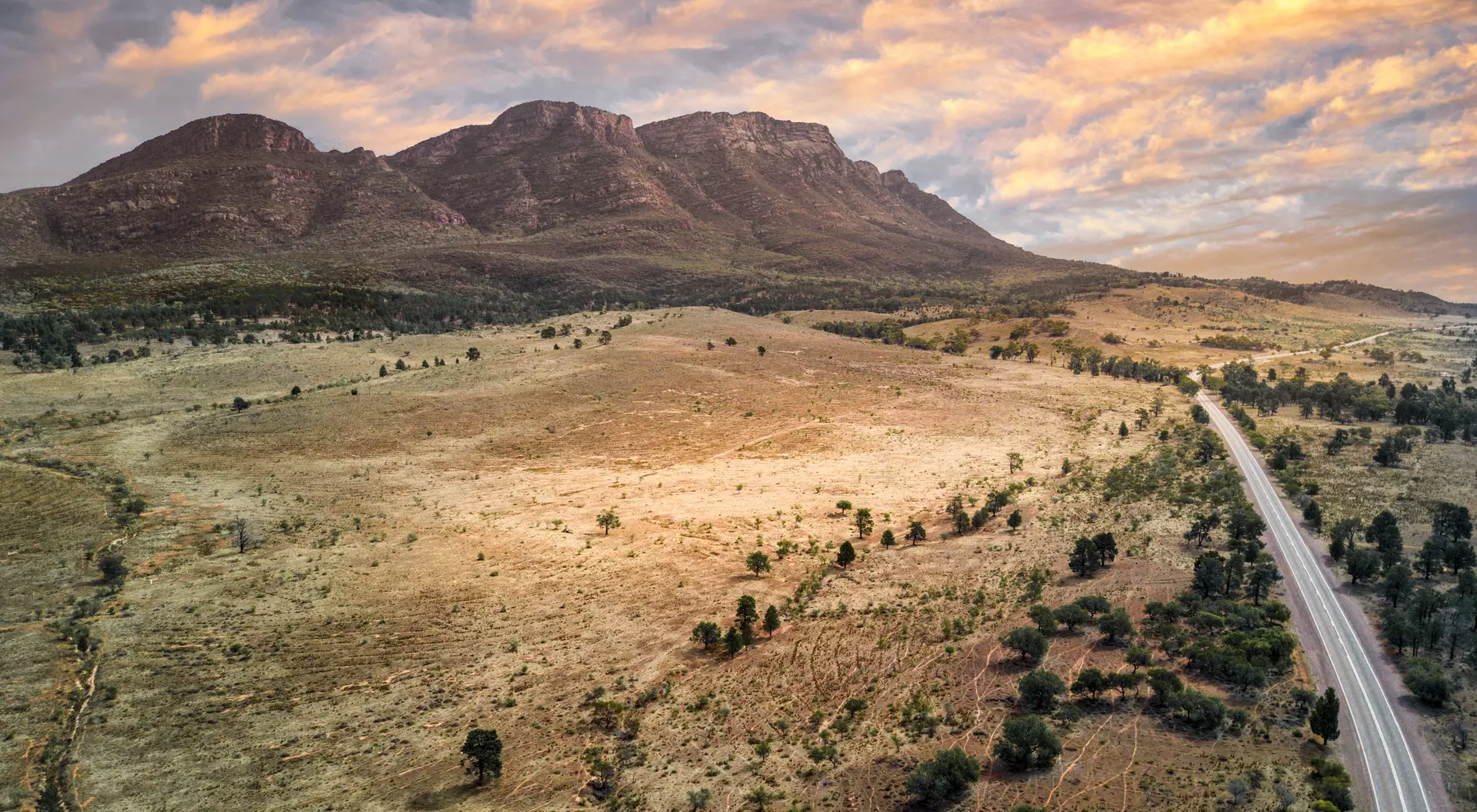 Wilpena Poun Aerial view of Wilpena Pound and road in the Flinders ranges