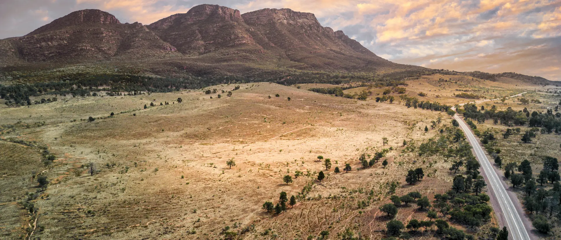 Aerial view of Wilpena Pound and road in the Flinders ranges