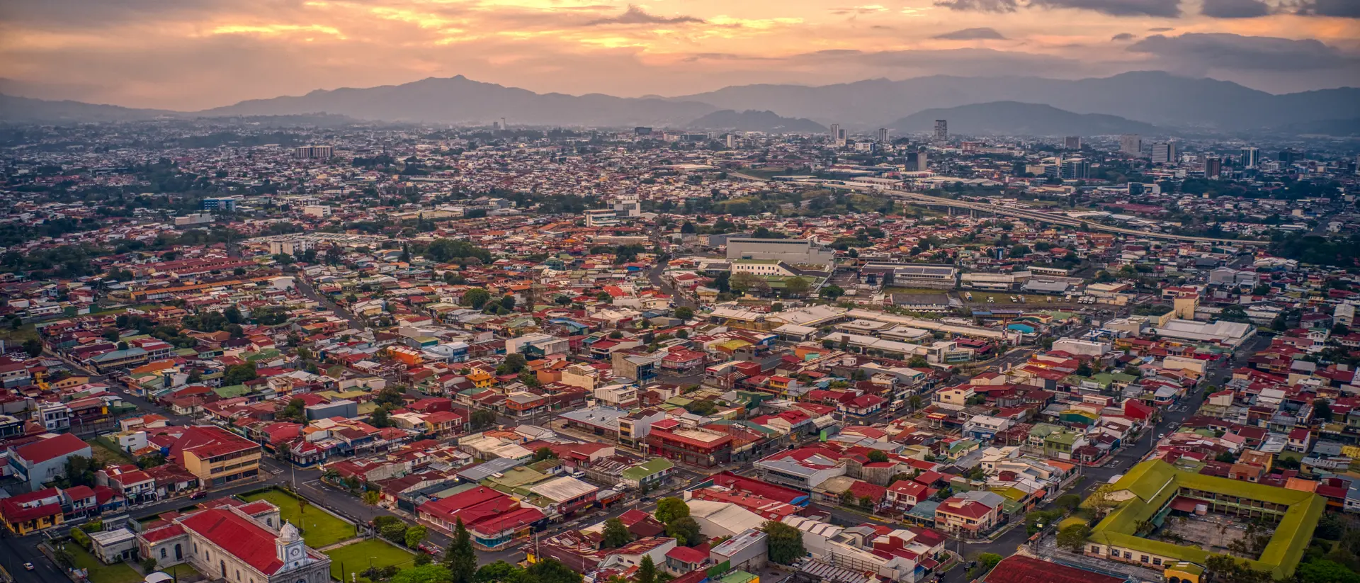 Aerial view of the many red tiled roofs in the capital city of Costa Rica, San Jose 