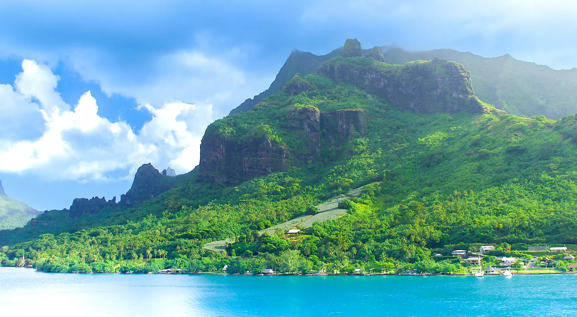 A view of the lush mountain island of Moorea in French Polynesia 
