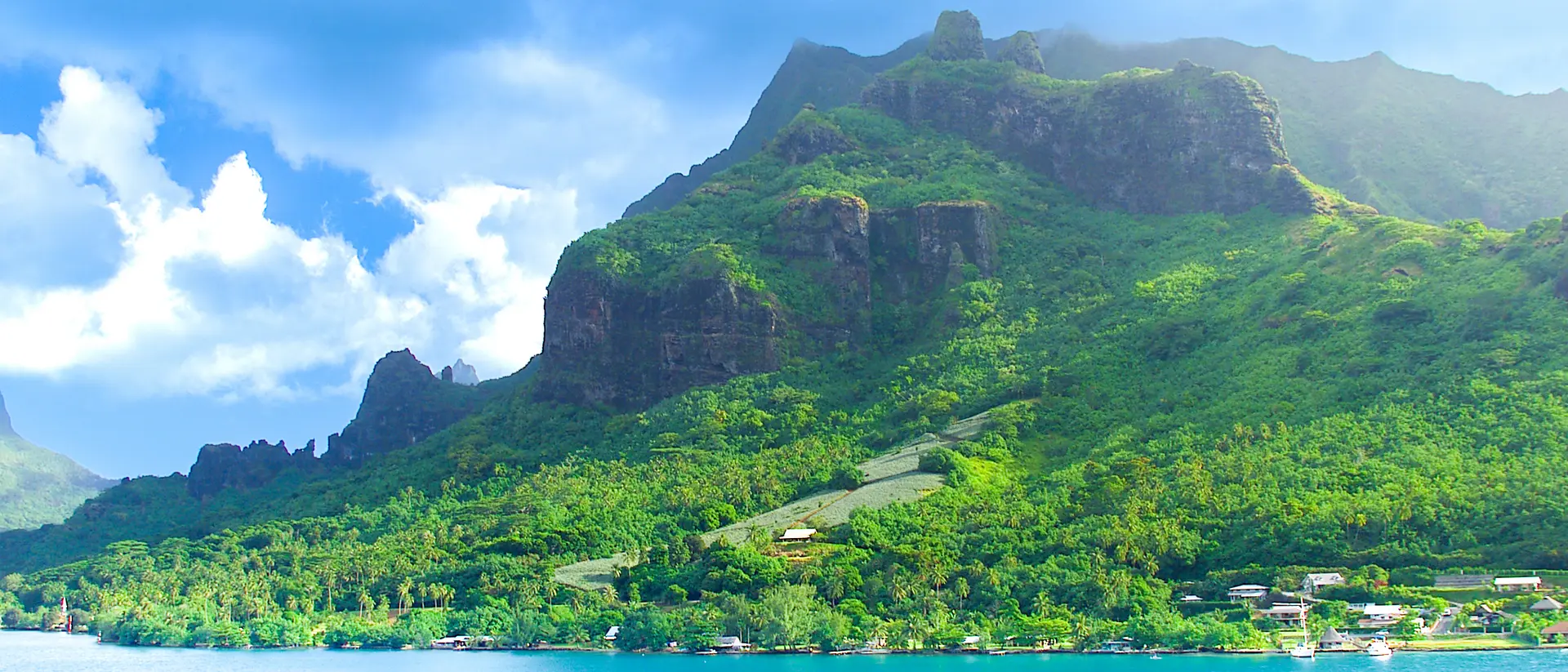 A view of the lush mountain island of Moorea in French Polynesia 
