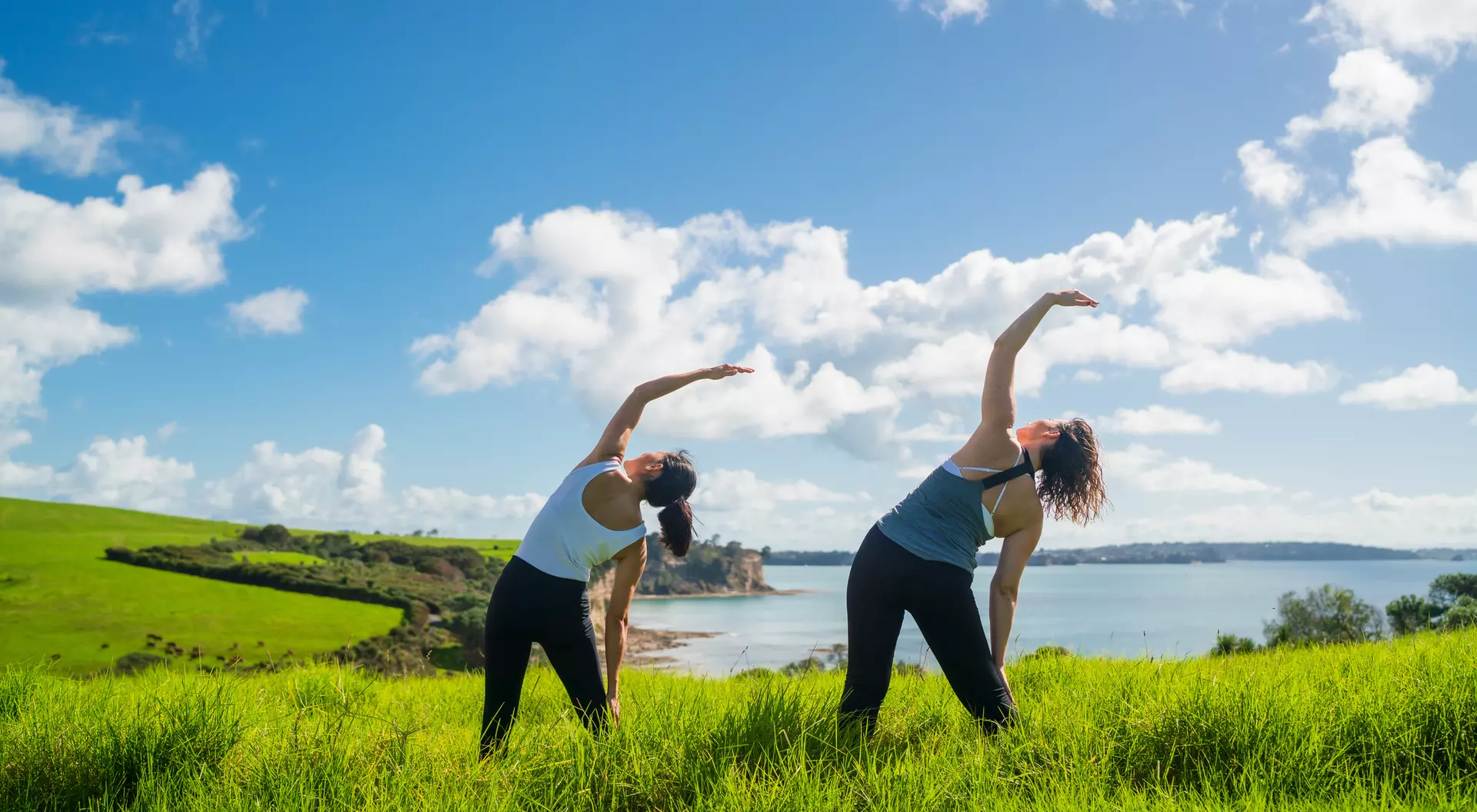 Two women stretching in a green field by a lake under a blue sky with fluffy clouds.
