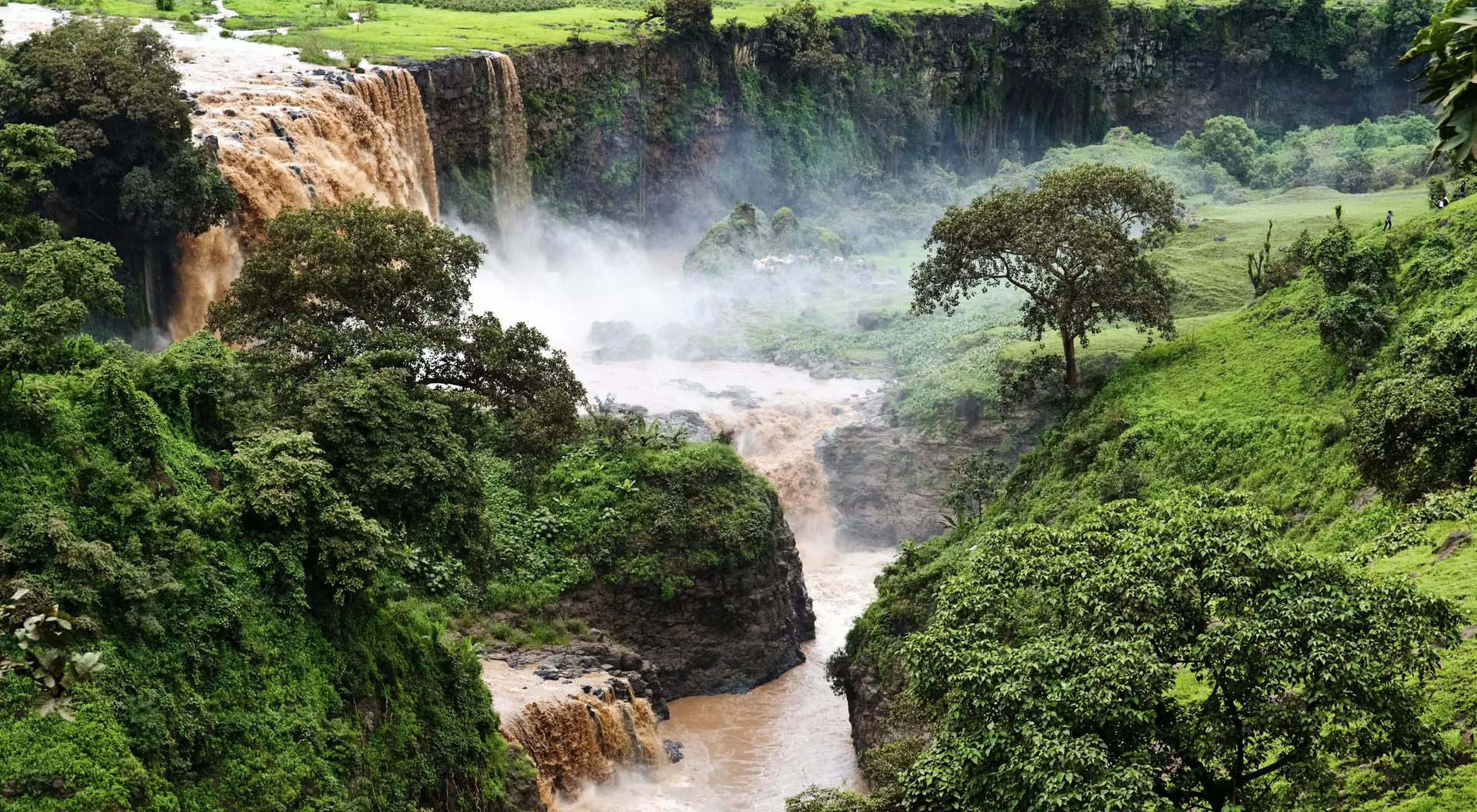 A scenic view of a waterfall cascading into a lush green valley, surrounded by trees and mist.