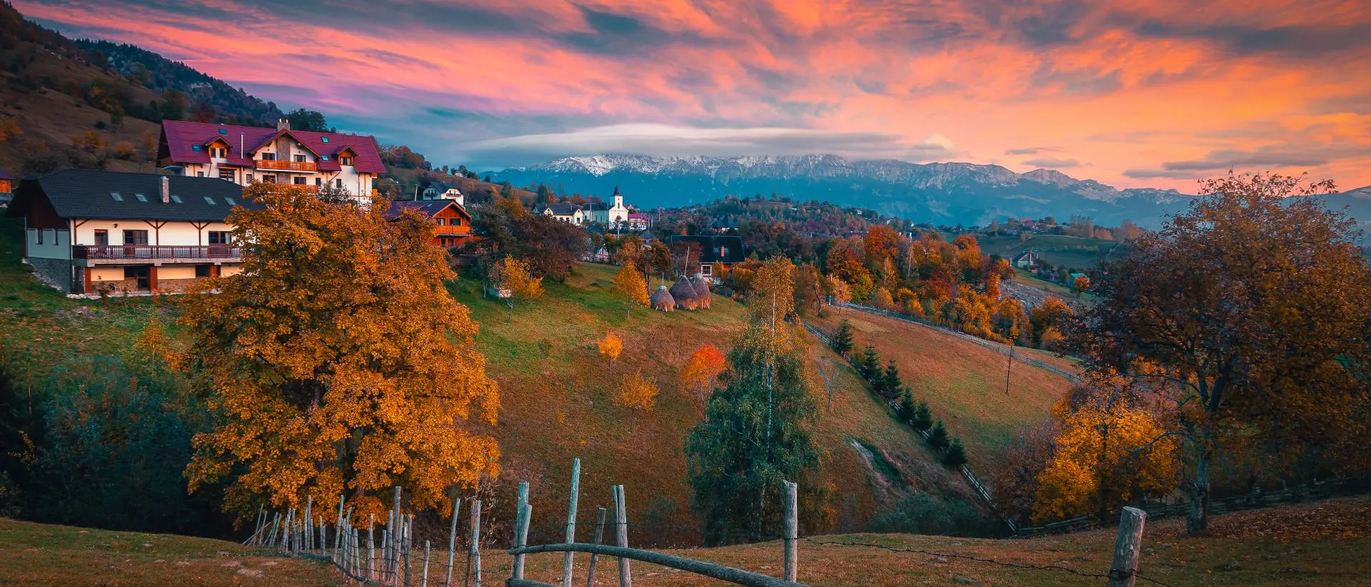 Spectacular autumn rural scenery at sunset, Magura mountain village in the Carpathians, Romania