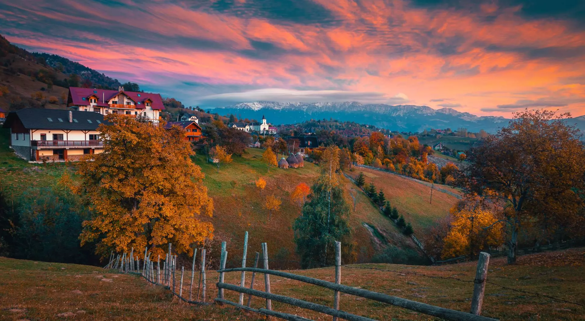 Spectacular autumn rural scenery at sunset, Magura mountain village in the Carpathians, Romania