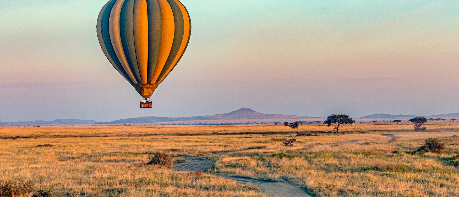 A colorful hot air balloon floats above a vast, grassy landscape under a clear sky. A dirt path winds through the field.