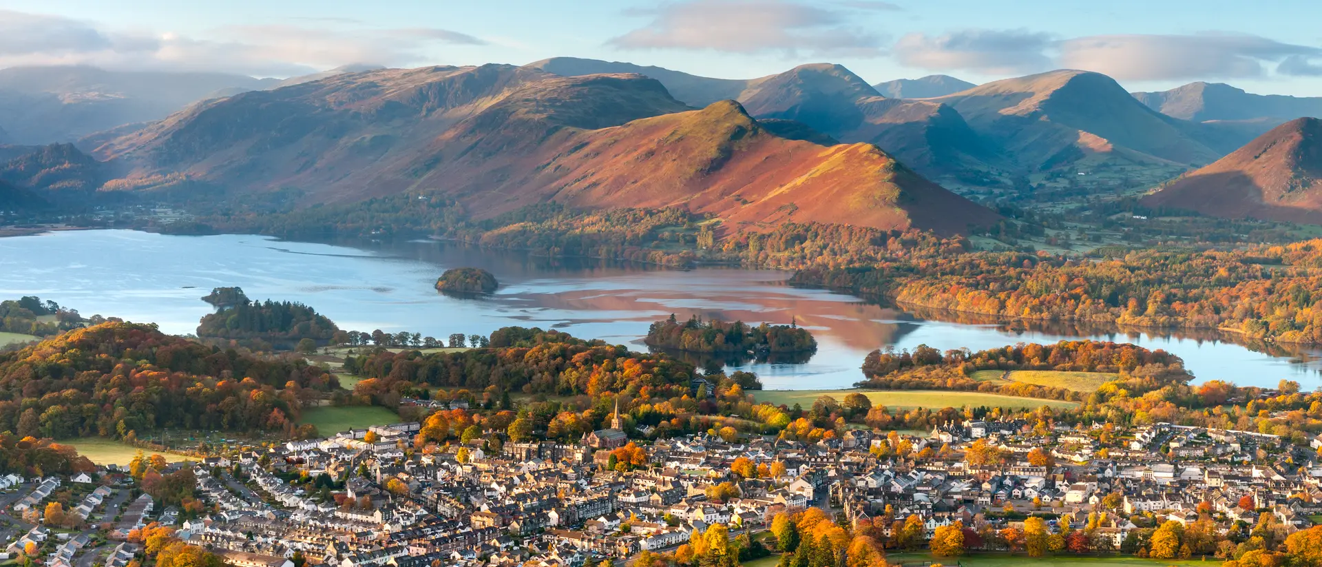 Aerial view of keswick town and surrounding mountains with Lake District National Park
