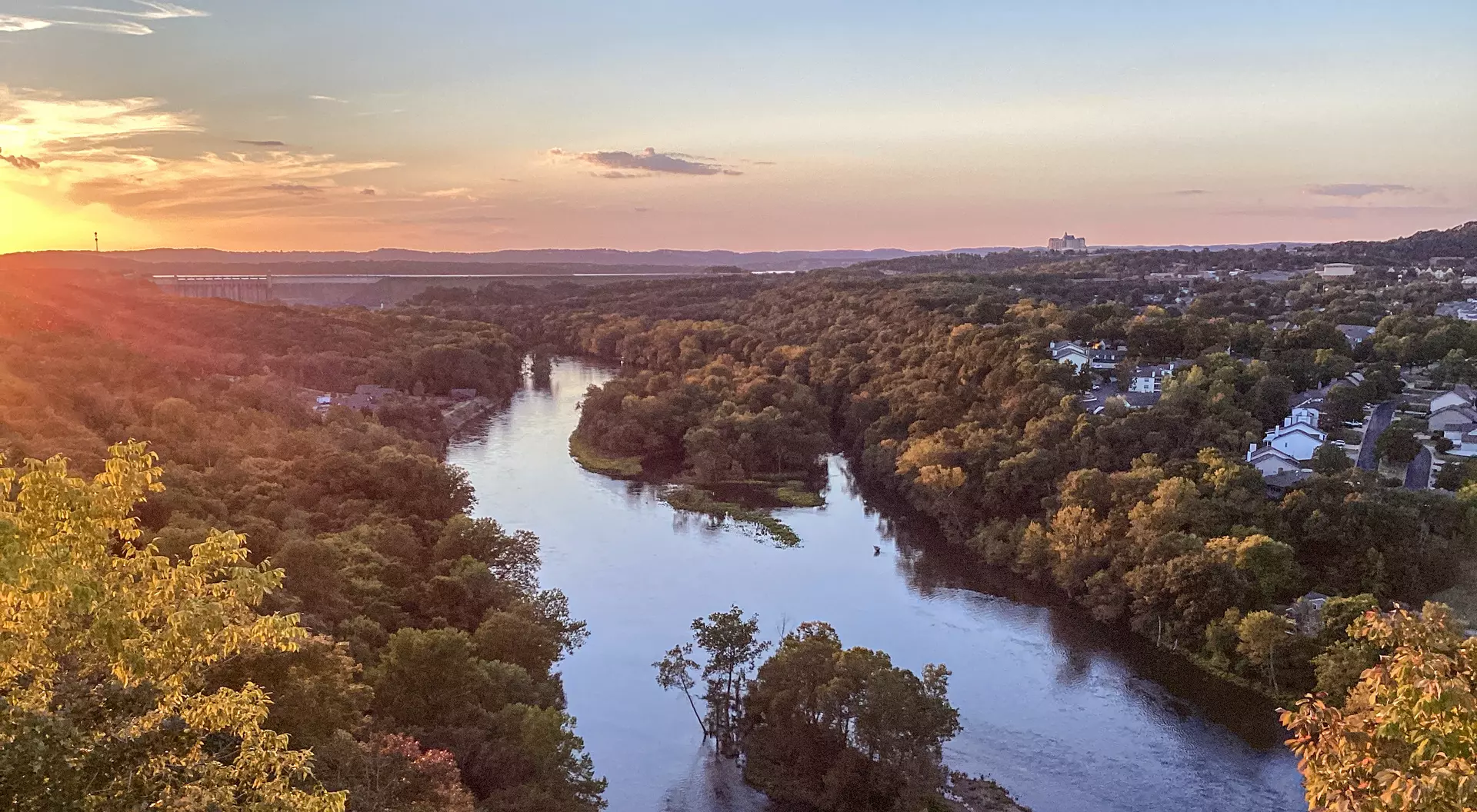 Sunset view of Table Rock Lake, Table Rock Lake Dam and The White River in Branson at Southwest Missouri.