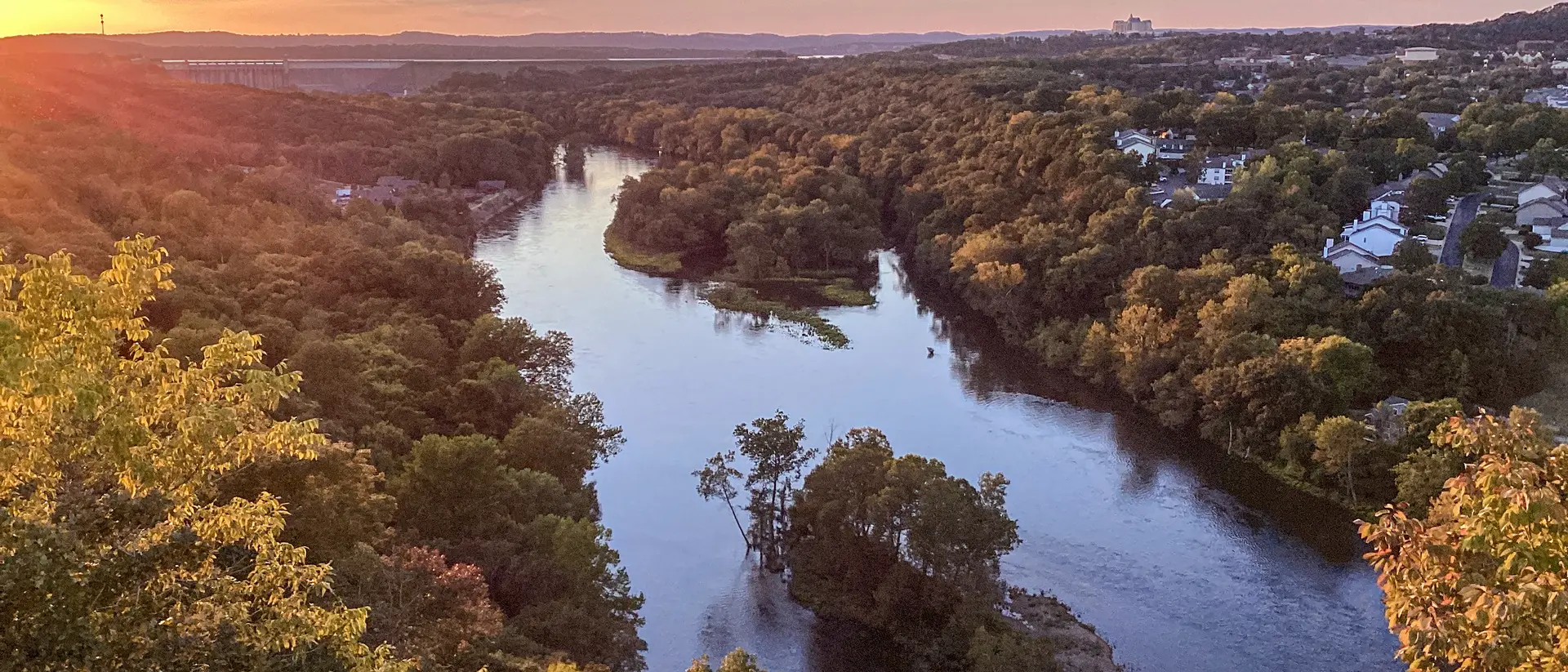 Sunset view of Table Rock Lake, Table Rock Lake Dam and The White River in Branson at Southwest Missouri.