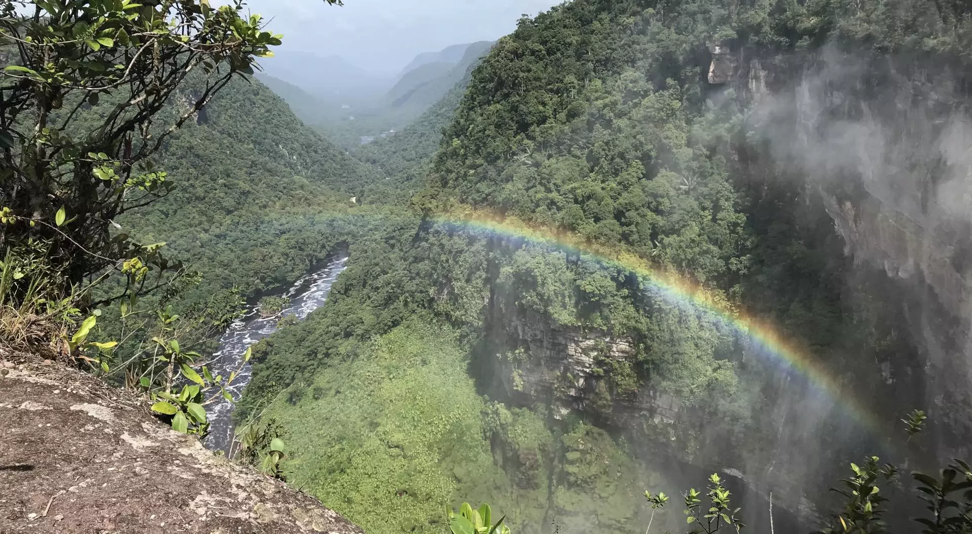 Rainbow over the valley of Kaieteur Falls, cataract on the Potaro River, west-central Guyana