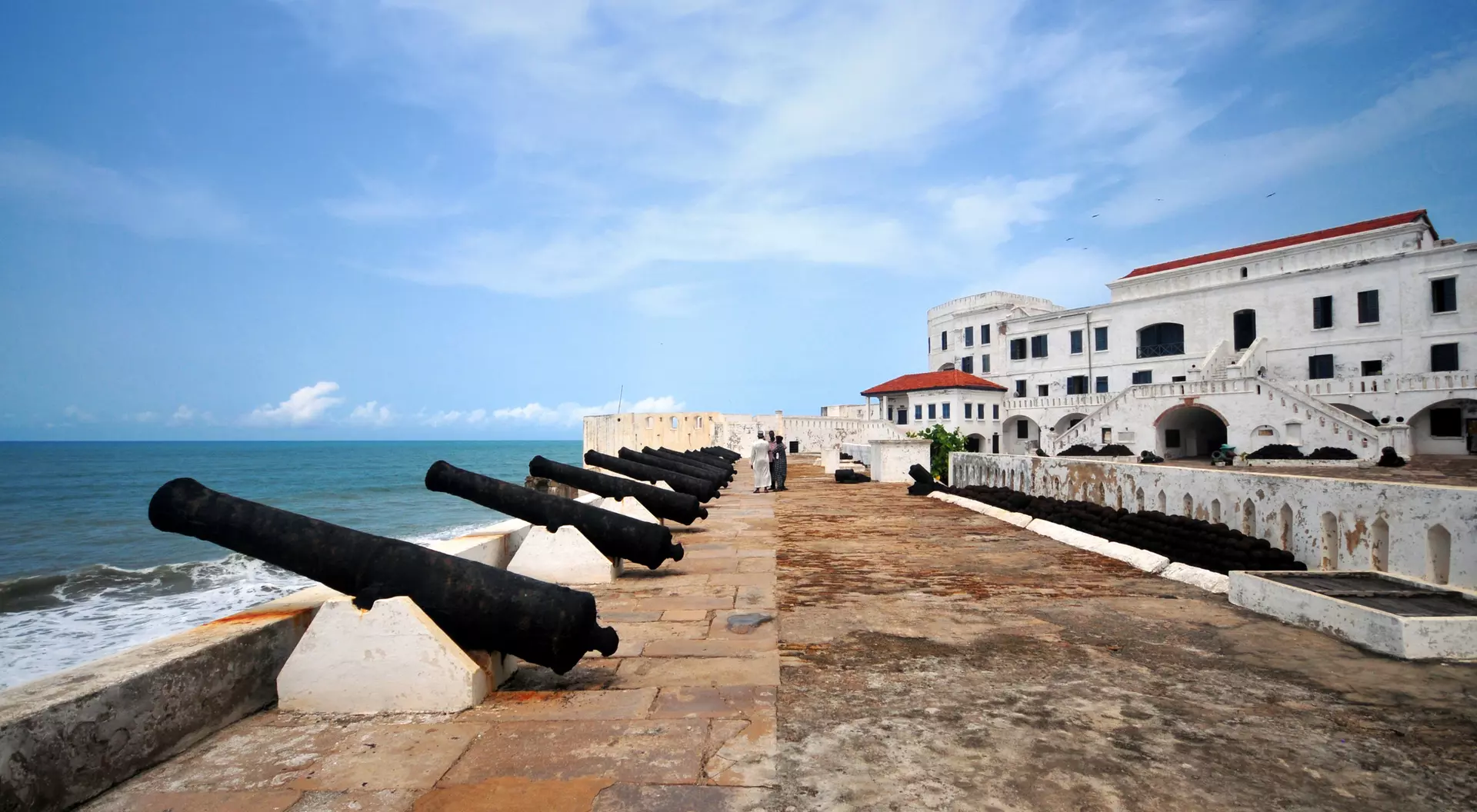 A coastal fort with multiple cannons lined along a stone pathway, overlooking the sea under a blue sky.