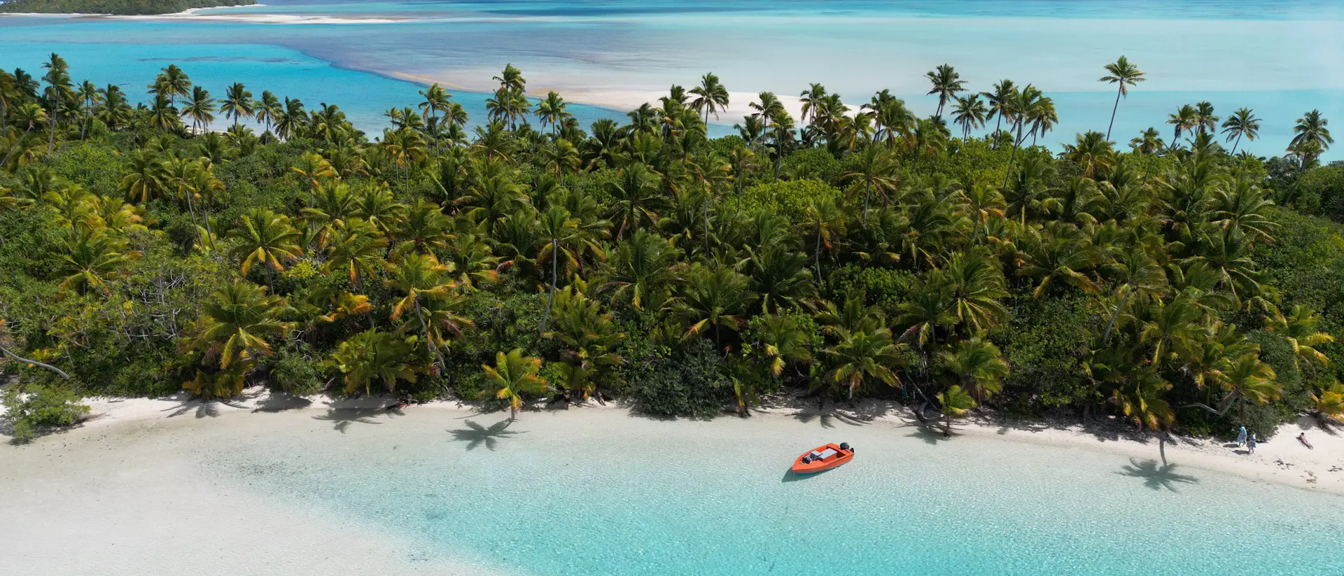 Aerial view of a tropical beach with turquoise water, a sandy shore, and lush green palm trees. A small boat is visible.