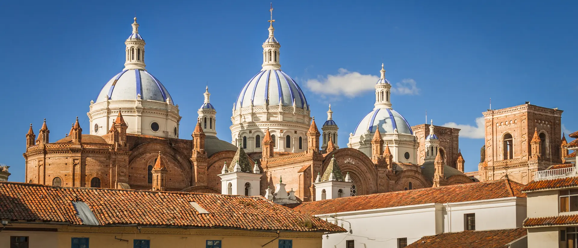 Cuenca, Azuay The New Cathedral of Cuenca,featuring series of sky-blue cupolas, is located in front of the Central Plaza in the Parque Calderon