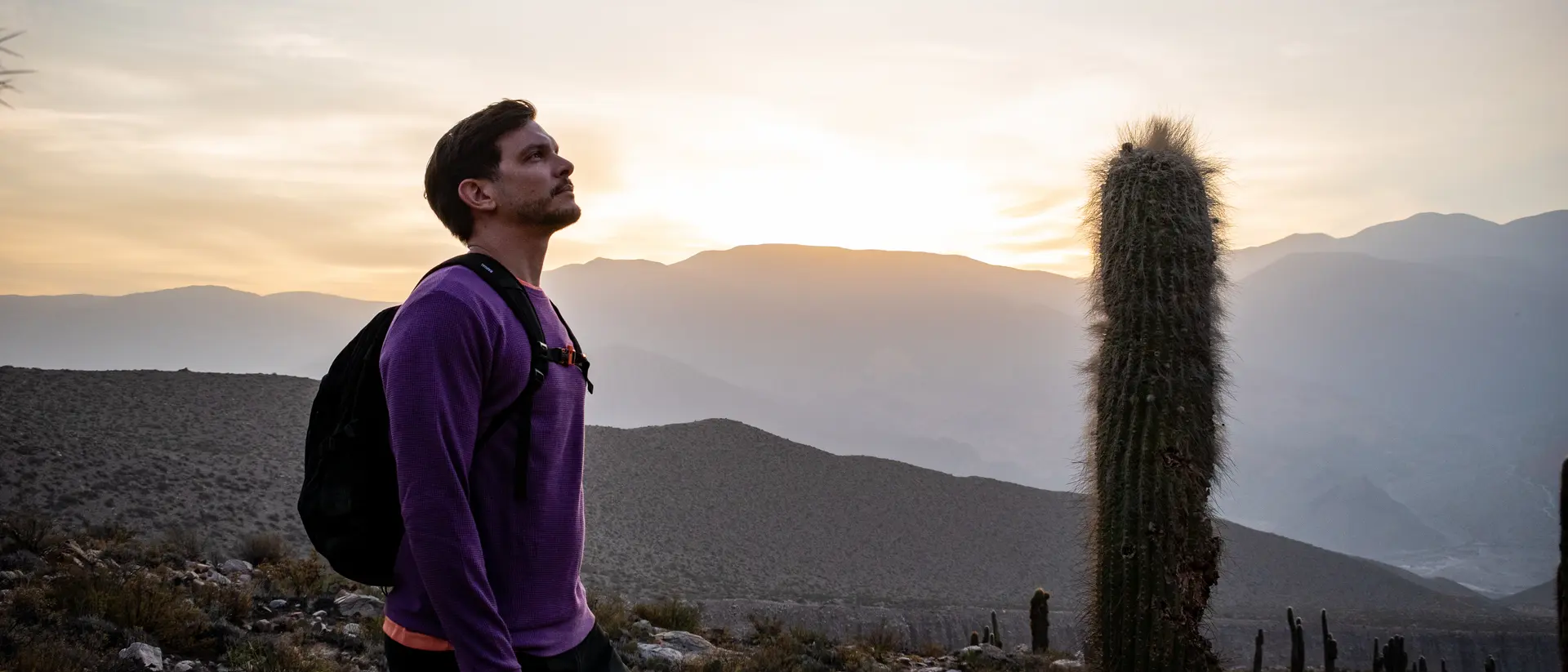 A man stands in a rocky landscape, gazing up at a sunset behind distant mountains and cacti.