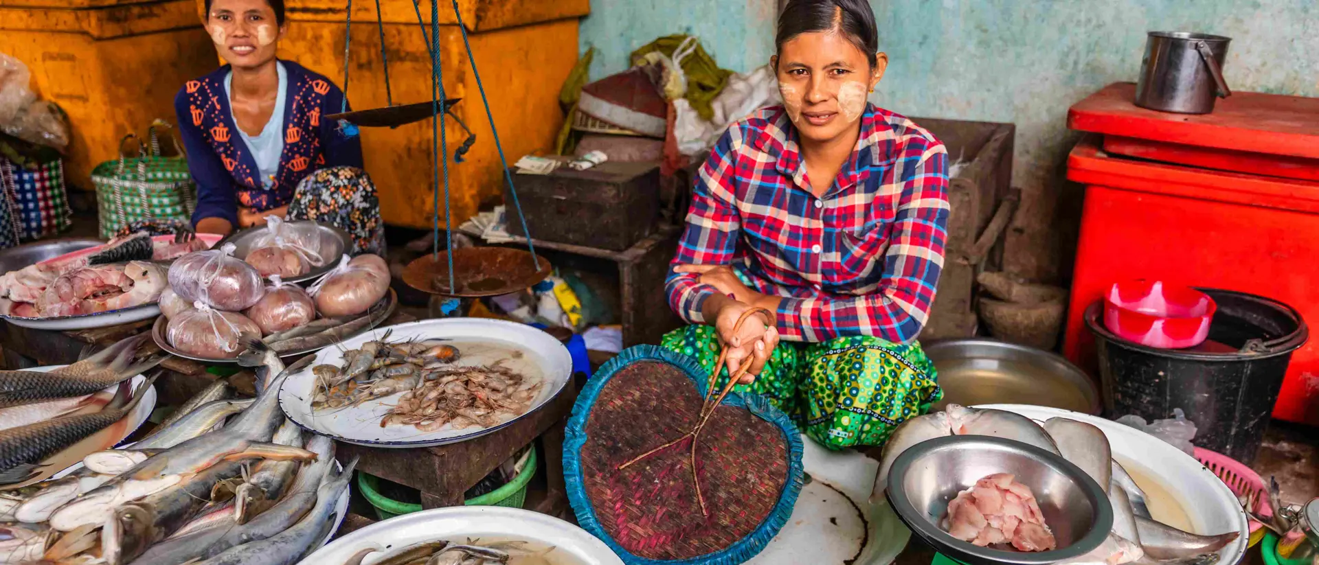 Two women sit behind tables filled with various types of fresh fish in a market setting.
