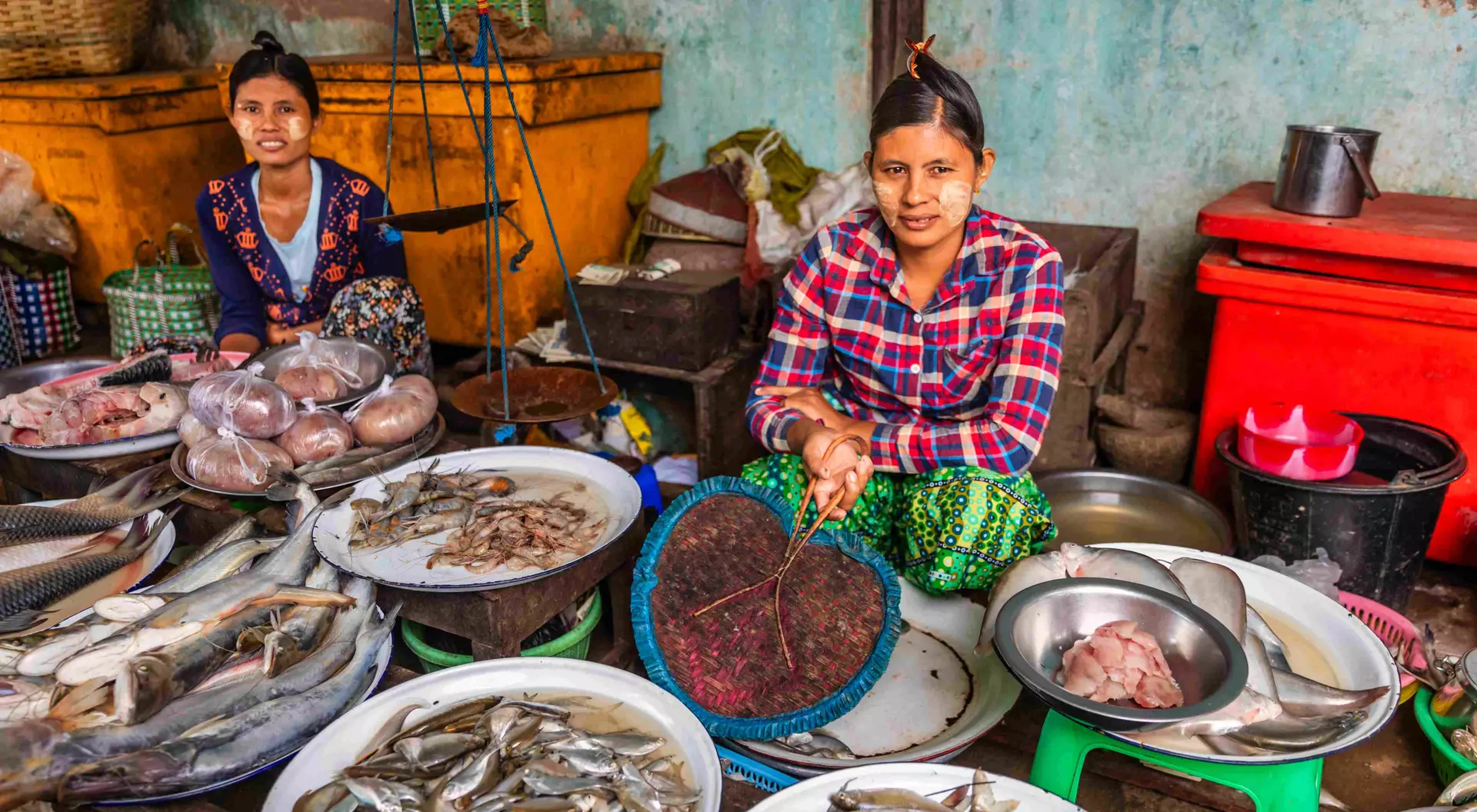 Two women sit behind tables filled with various types of fresh fish in a market setting.