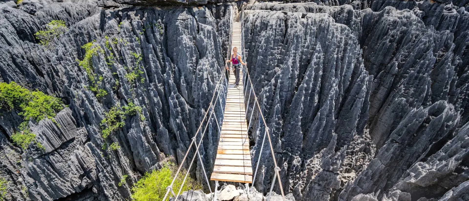 A person stands on a narrow bridge over a deep rocky chasm with sharp stone formations and green vegetation nearby.