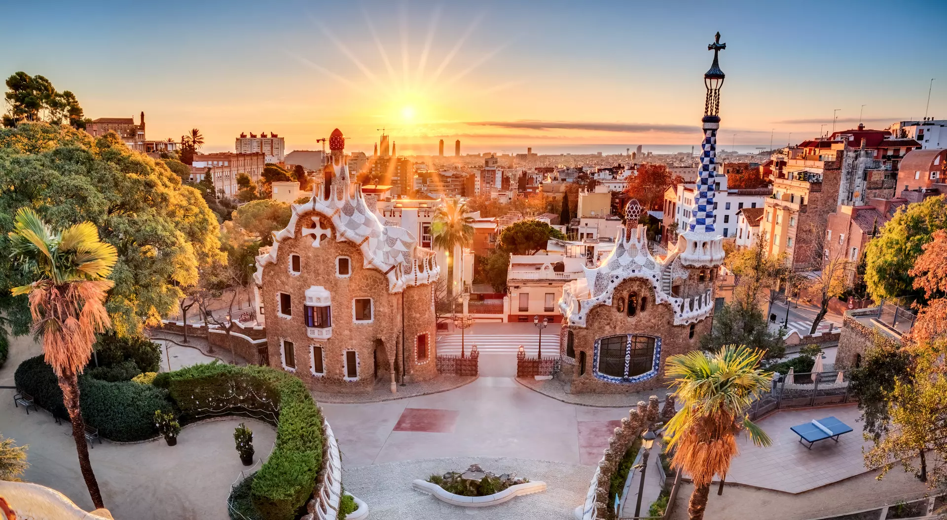 Park Guell at golden hour. Barcelona, Spain