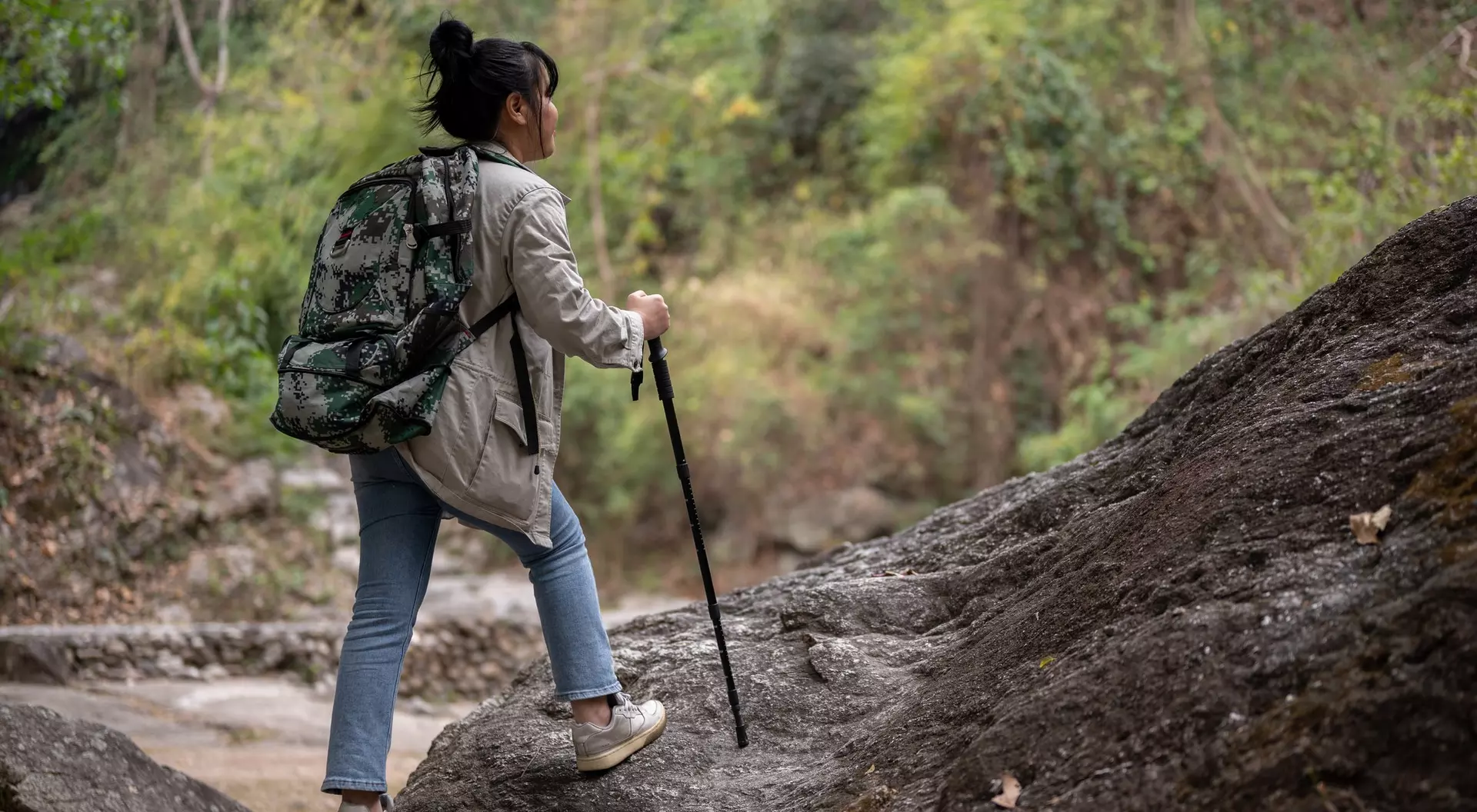 A person hiking up a rocky path, carrying a large backpack and using a walking stick, surrounded by greenery.