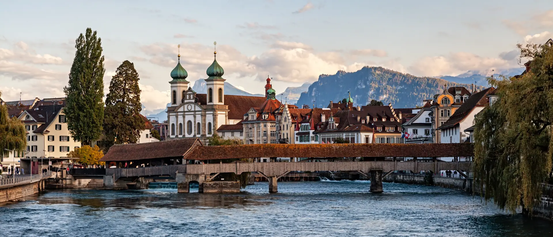 Lucerne, Switzerland Lucerne old town, Spreuer Bridge (Spreuerbrucke) and Jesuit Church (Jesuitenkirche), Lucerne, Switzerland