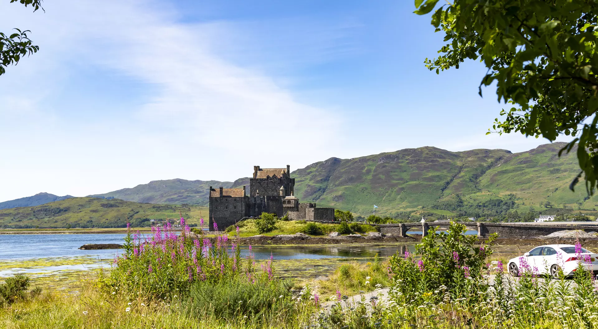 A medieval castle by a lake, surrounded by green hills and wildflowers under a clear blue sky.