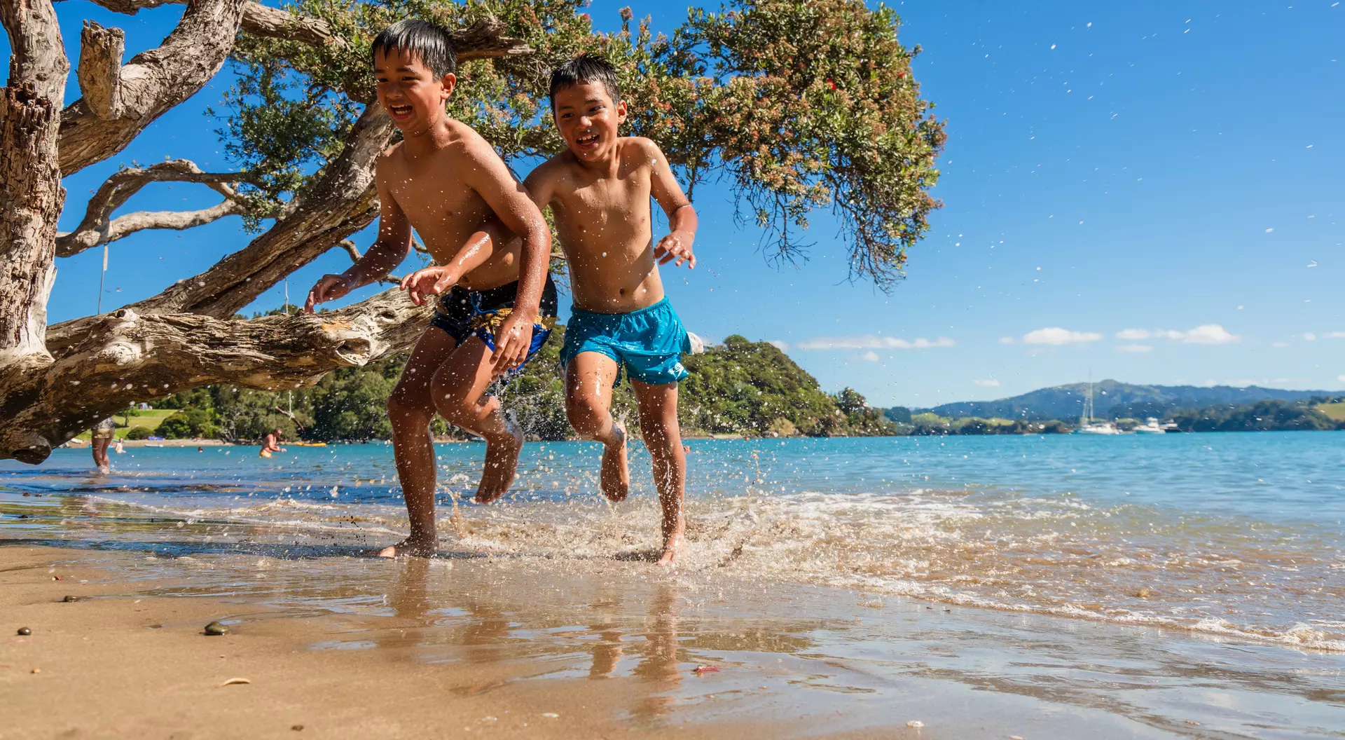 Two boys run joyfully through shallow water on a sunny beach, with trees and hills in the background.