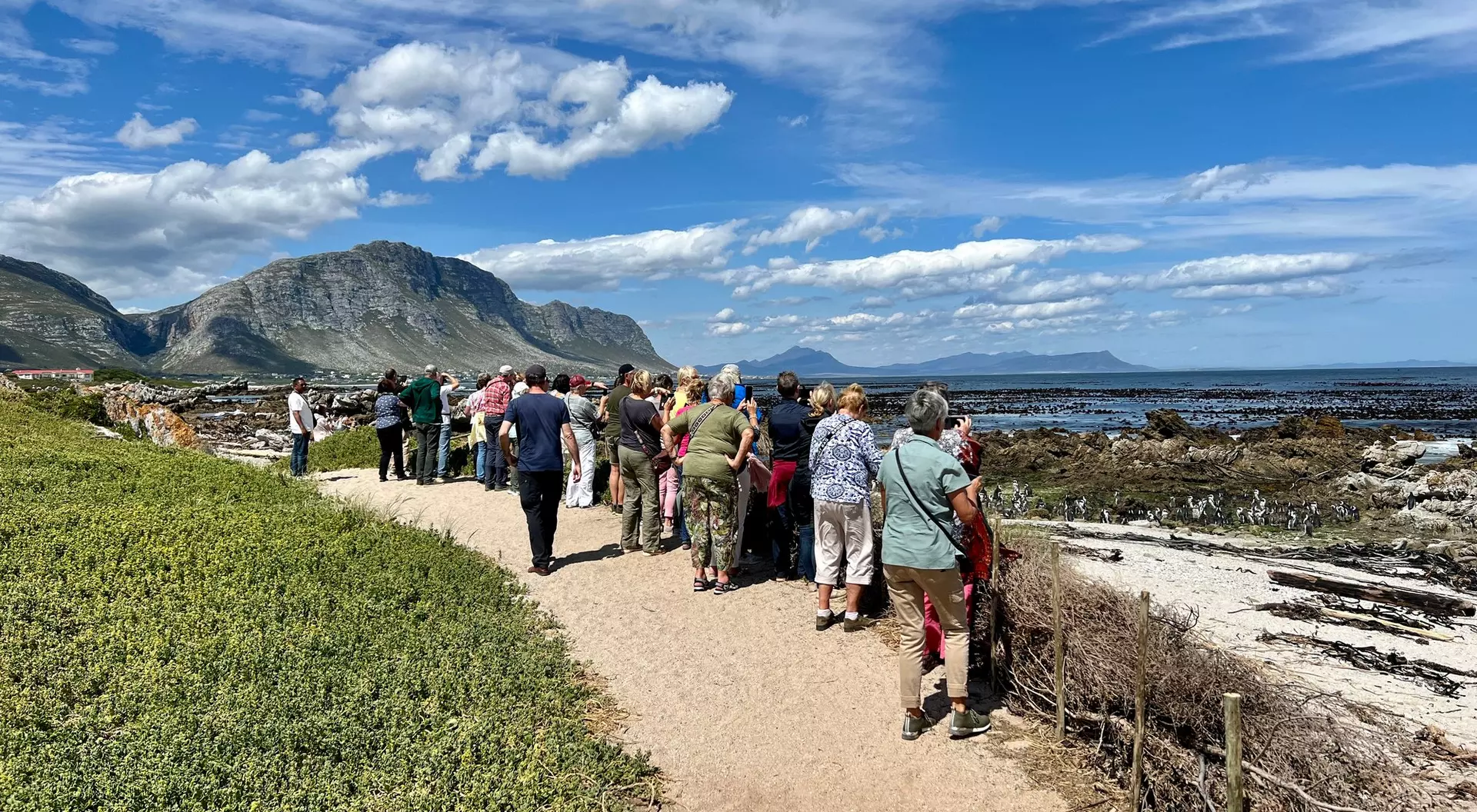 People walking along a sandy path by the ocean, with mountains and a blue sky in the background.