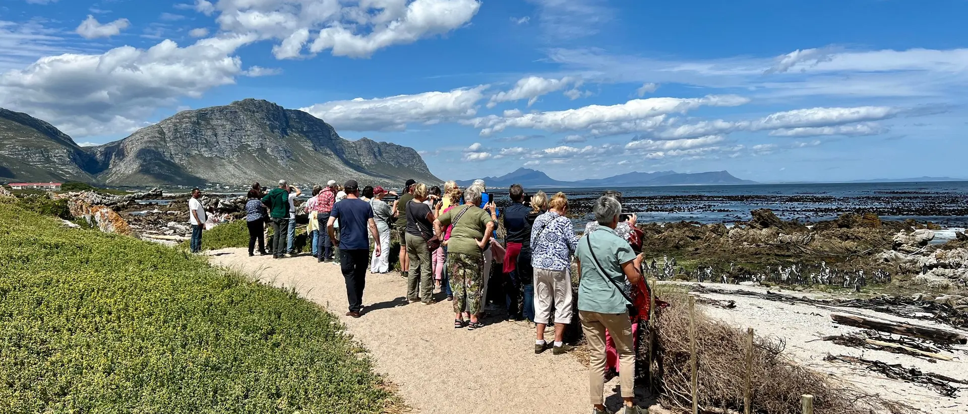 People walking along a sandy path by the ocean, with mountains and a blue sky in the background.