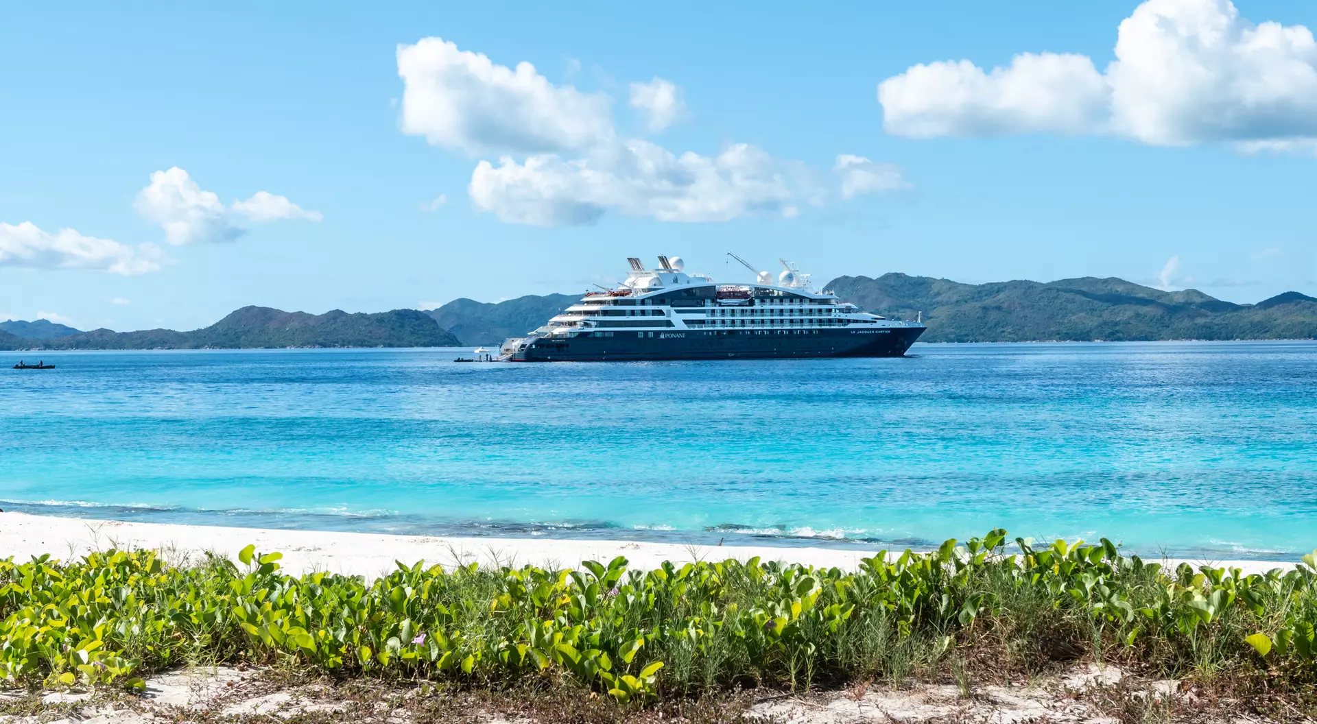 A cruise ship docked in clear blue waters, with a sandy beach and green vegetation in the foreground.