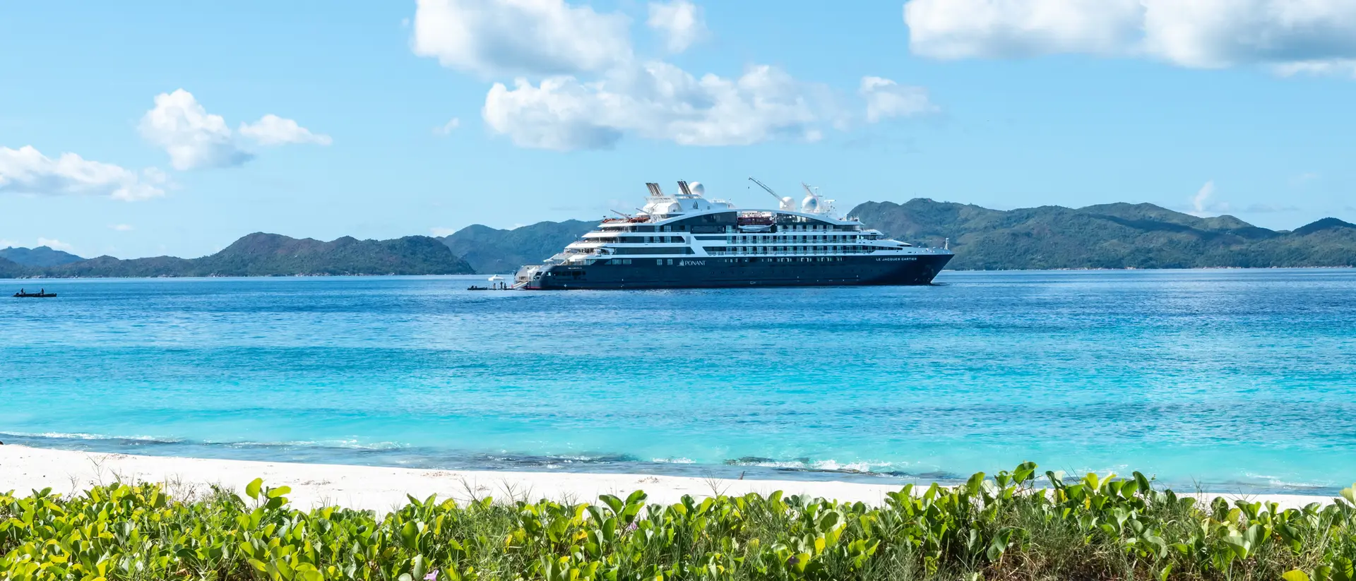 A cruise ship docked in clear blue waters, with a sandy beach and green vegetation in the foreground.