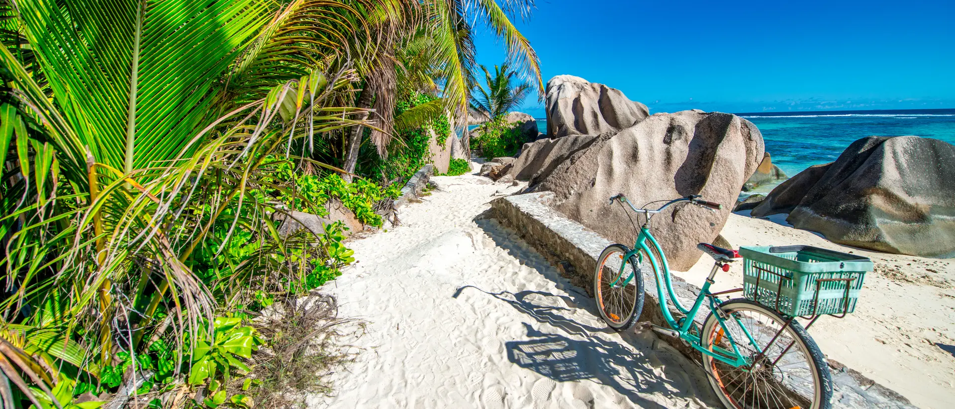 Bicycle parked on a sandy path beside lush greenery and large rocks, with a bright blue ocean in the background.