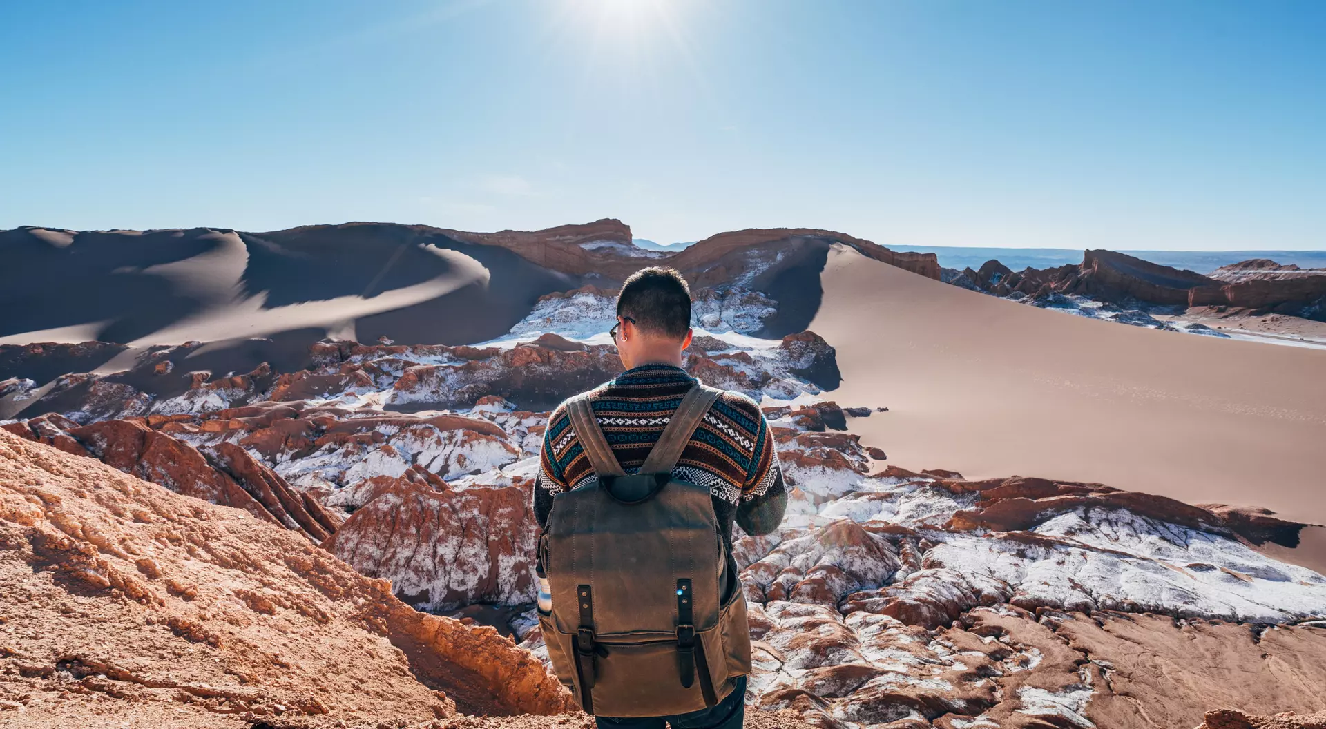 A person with a backpack stands on a rocky outcrop, overlooking a desert landscape under a bright sun.