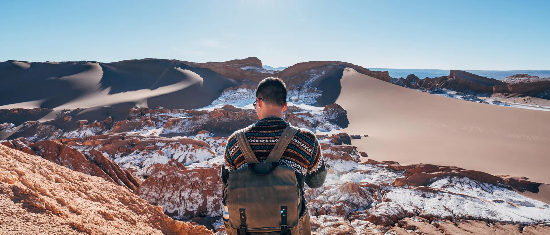 A person with a backpack stands on a rocky outcrop, overlooking a desert landscape under a bright sun.