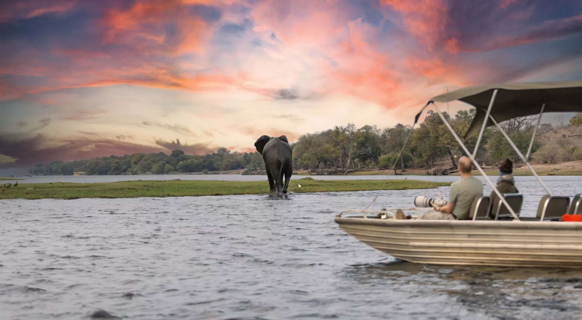 A boat with two people floats on water, watching an elephant near the shore during a colorful sunset.