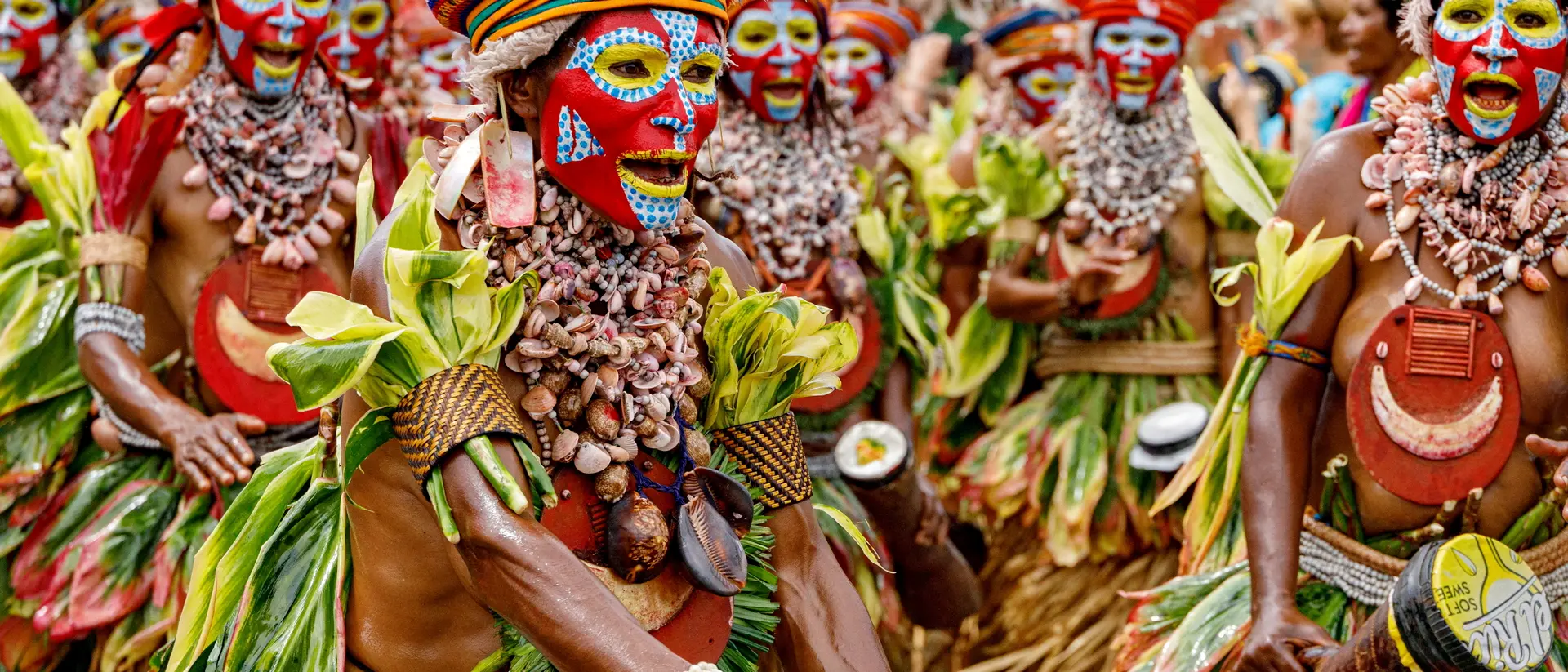 A vibrant group of performers in traditional attire, showcasing colorful body paint and feathers during a cultural celebration.