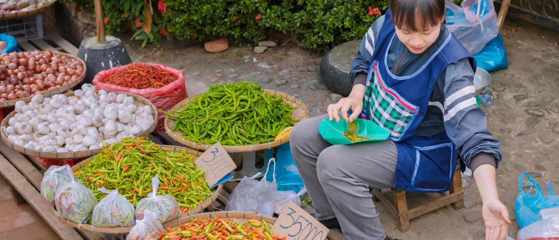 A vendor sits among colorful baskets of vegetables and spices at a market, sorting and preparing fresh produce.