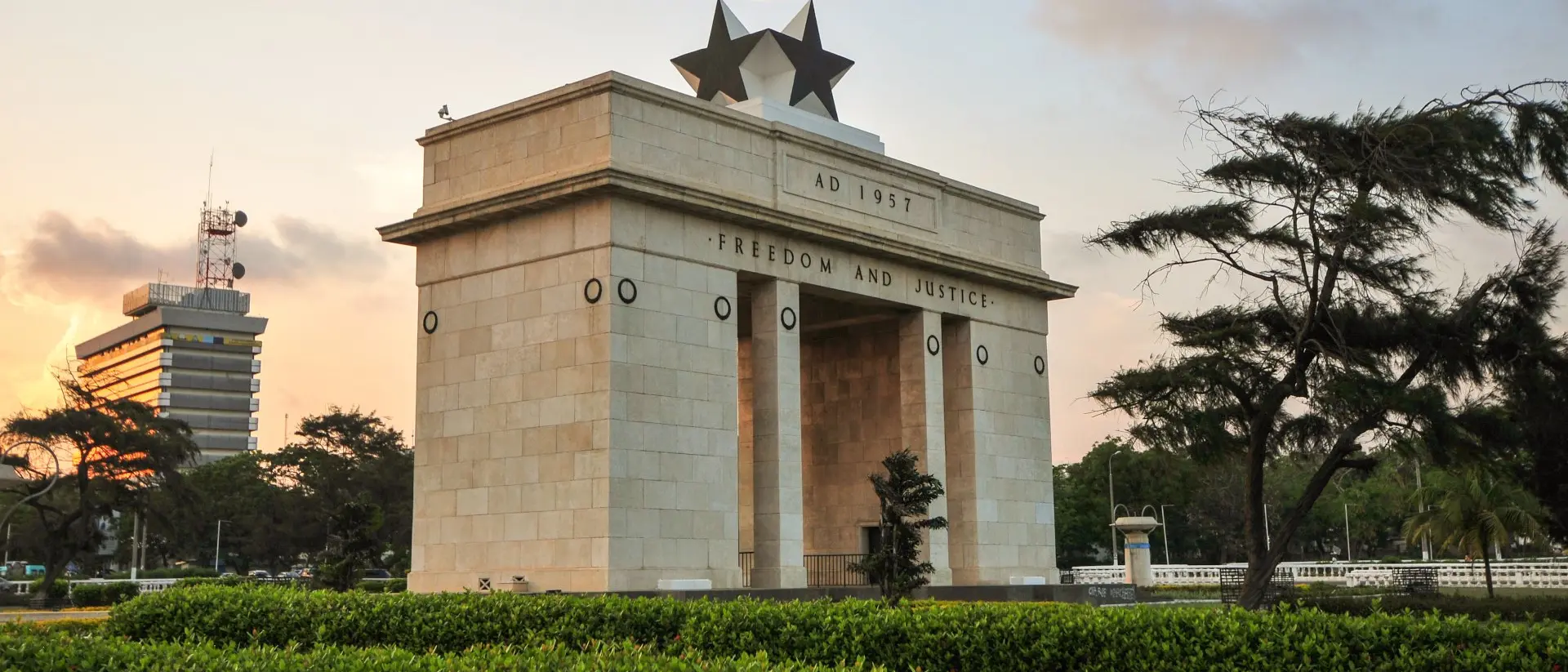 Accra, Ghana The Independence Square of Accra, Ghana, inscribed with the words "Freedom and Justice, AD 1957", commemorates the independence of Ghana, a first for Sub Saharan Africa.