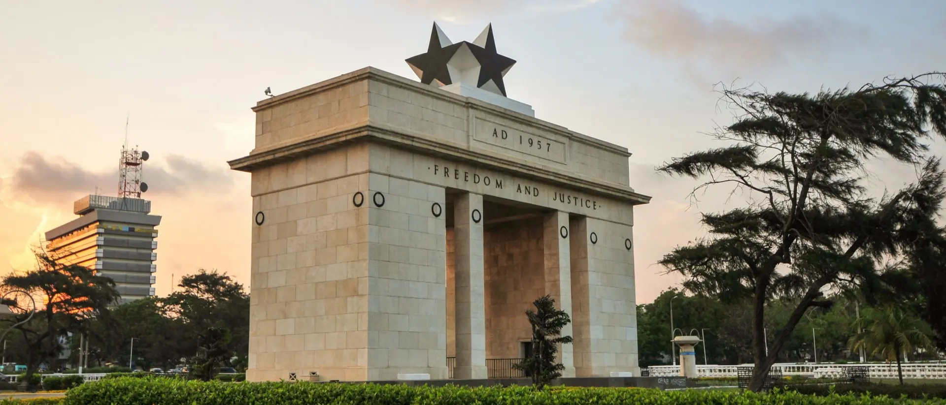 Accra, Ghana The Independence Square of Accra, Ghana, inscribed with the words "Freedom and Justice, AD 1957", commemorates the independence of Ghana, a first for Sub Saharan Africa.