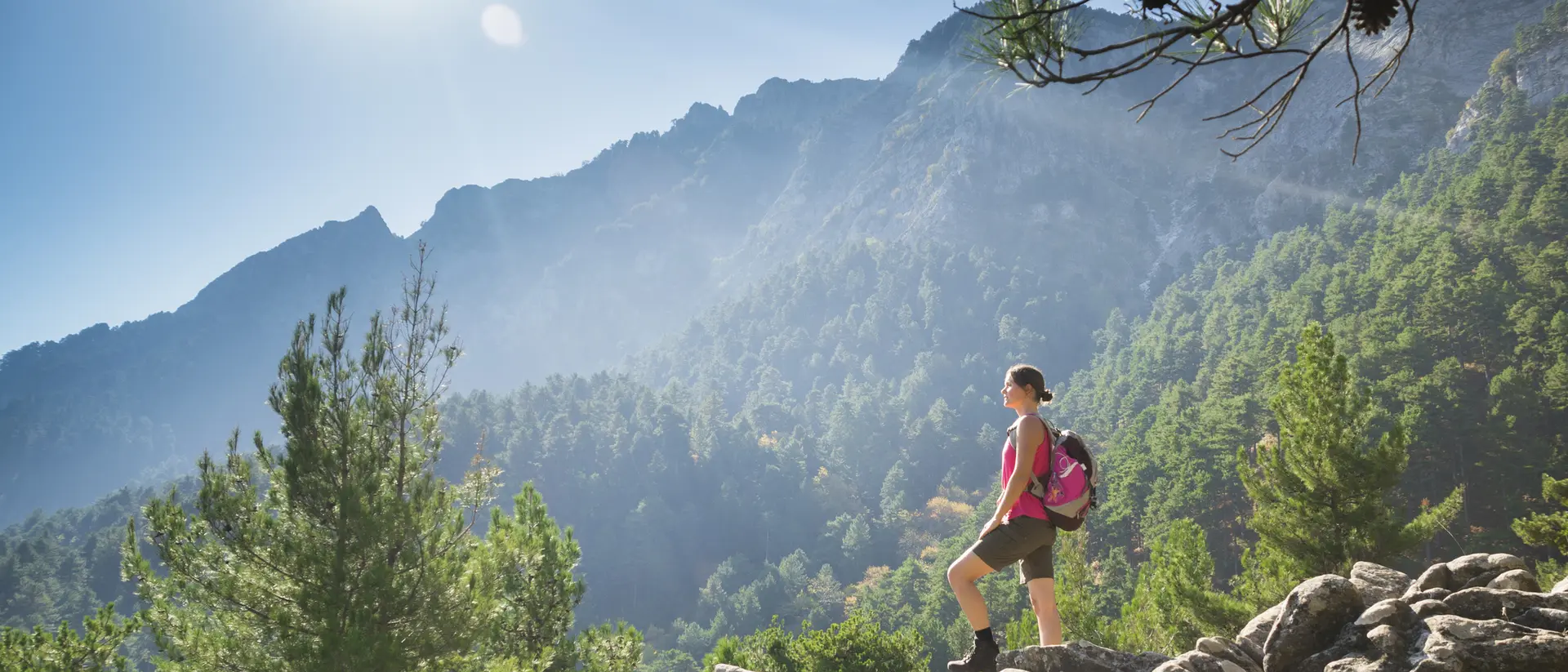 A hiker stands on rocky terrain, surrounded by trees, mountains, and sunlight filtering through the landscape.