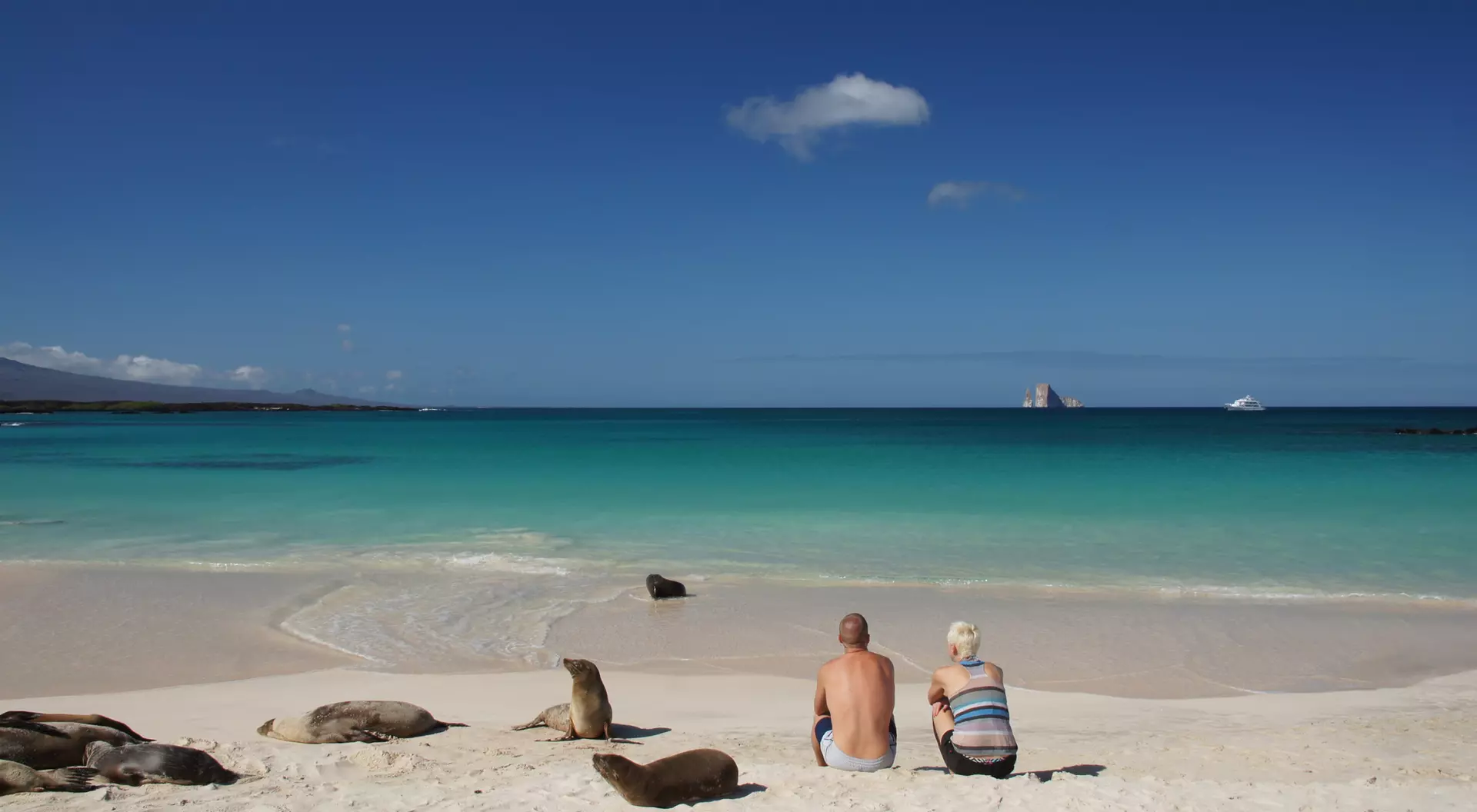 A couple sits on a sandy beach, gazing at the turquoise ocean and distant rock formations under a clear blue sky.