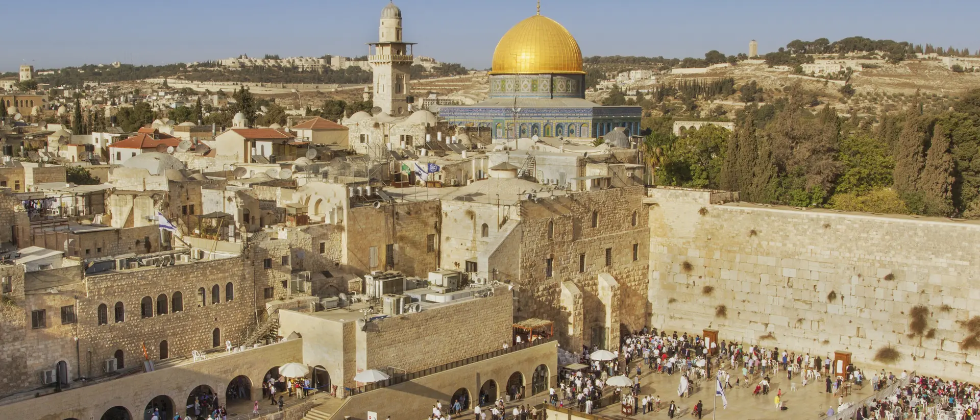 Aerial view of the Western Wall and the Dome of the Rock in Jerusalem, bustling with people and surrounded by historic buildings.