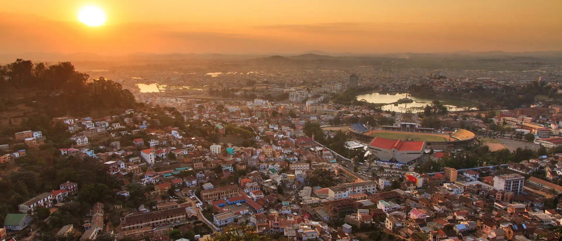 "Aerial cityscape of Antananarivo with a view of Tana stadium "