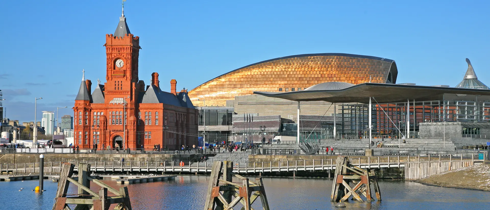 Cardiff Bay View of Cardiff city skyline from across the bay showing the Pier head building National Assembly