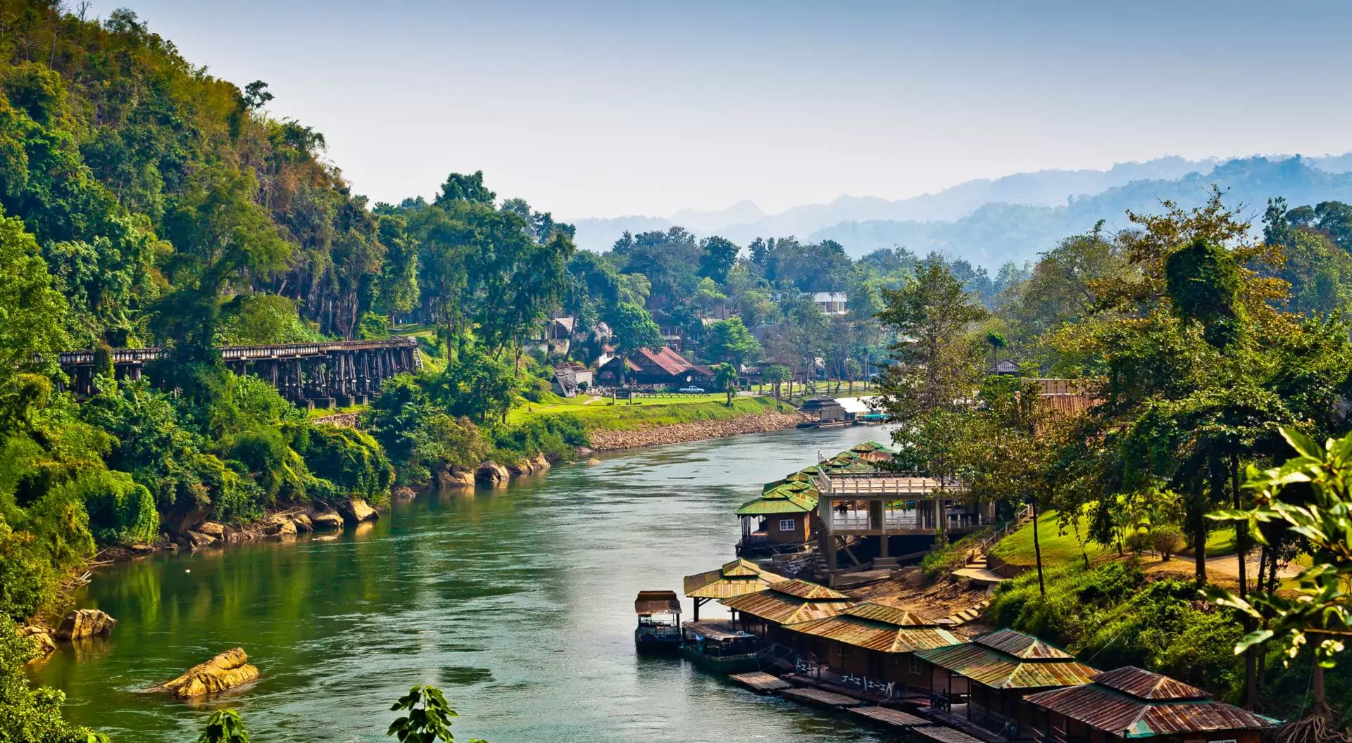 River Kwai, Sai Yok, Kanchanaburi River winds between rural villages